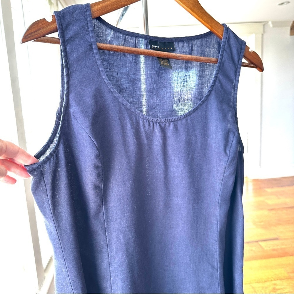 Grace Sleeveless Navy Blue Dress, fit & flare, midi length, linen
